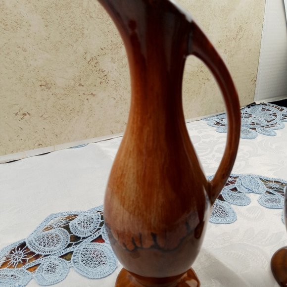 Dryden Pottery Handmade Brown Drip Glazed Ewer Pitcher Pair 7-1/2" - Picture 4 of 8